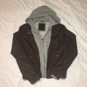 Obey brown leather jacket lined with sweatshirt